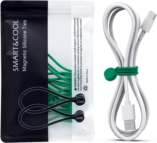 SMART&COOL Reusable Silicone Magnetic Cable Ties for Bundling and Organizing, Holding Stuff, Book Markers, Fridge Magnets, Assorted Color, 7.16'' (10-Pack, Green)