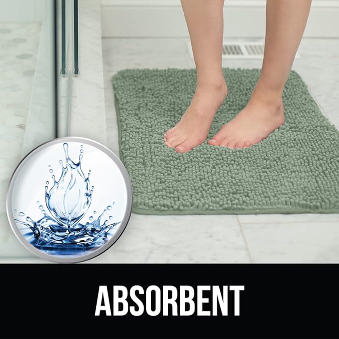 KANGAROO Bathroom Rugs, Chenille Soft Absorbent Bath Rug, Shaggy Shower Mat, Quick Dry Machine Wash Bathmat, Plush Carpet Mats for Tub, Bathtub and Room Home Decor Accessories, 30x20, Sage