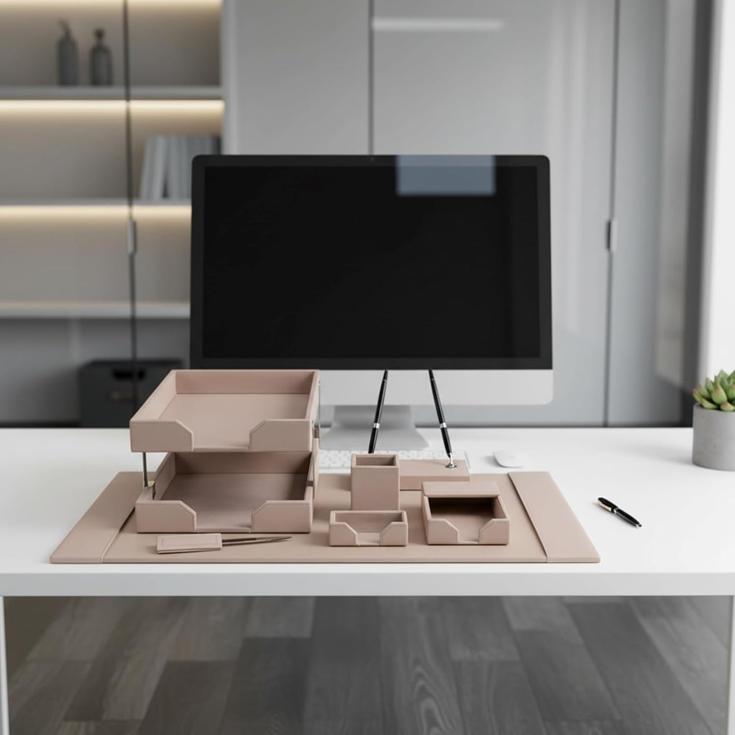 Dacasso Bonded Set Luxury Leather Desk Pad & Desk Organization Essentials, 9 Piece, White Latte