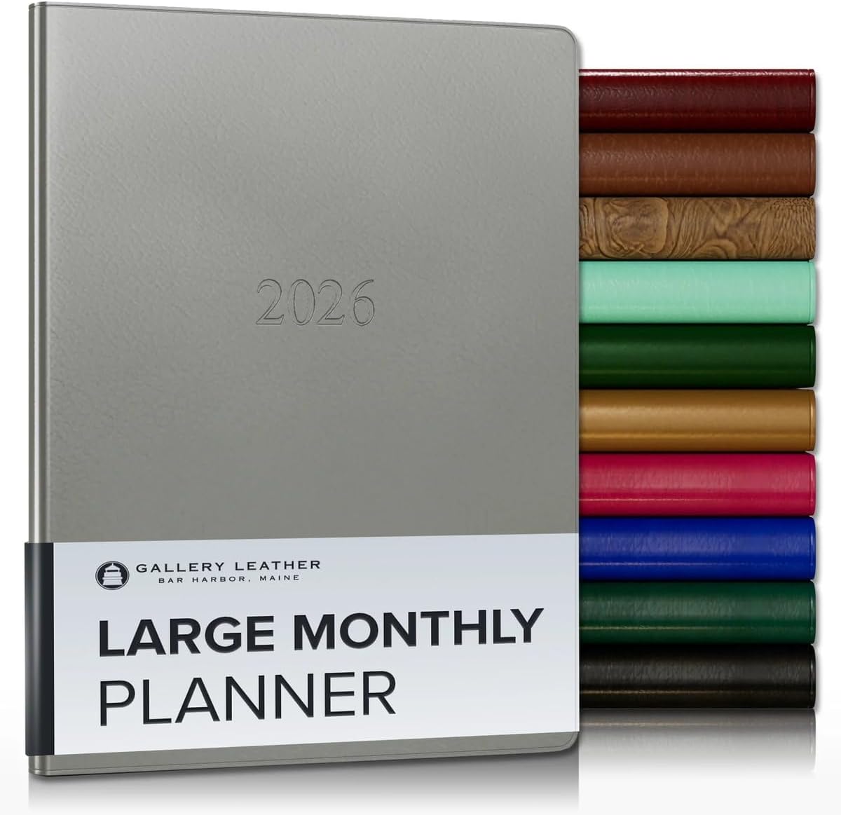 Gallery Leather Large Monthly Planner 2025-2026, Elegantly Bound Calendar Planner and Notebook with Stylish Gold-Gilded Page Edges, 18 Months - Freeport Metallic Silver - 9.75x7.5"