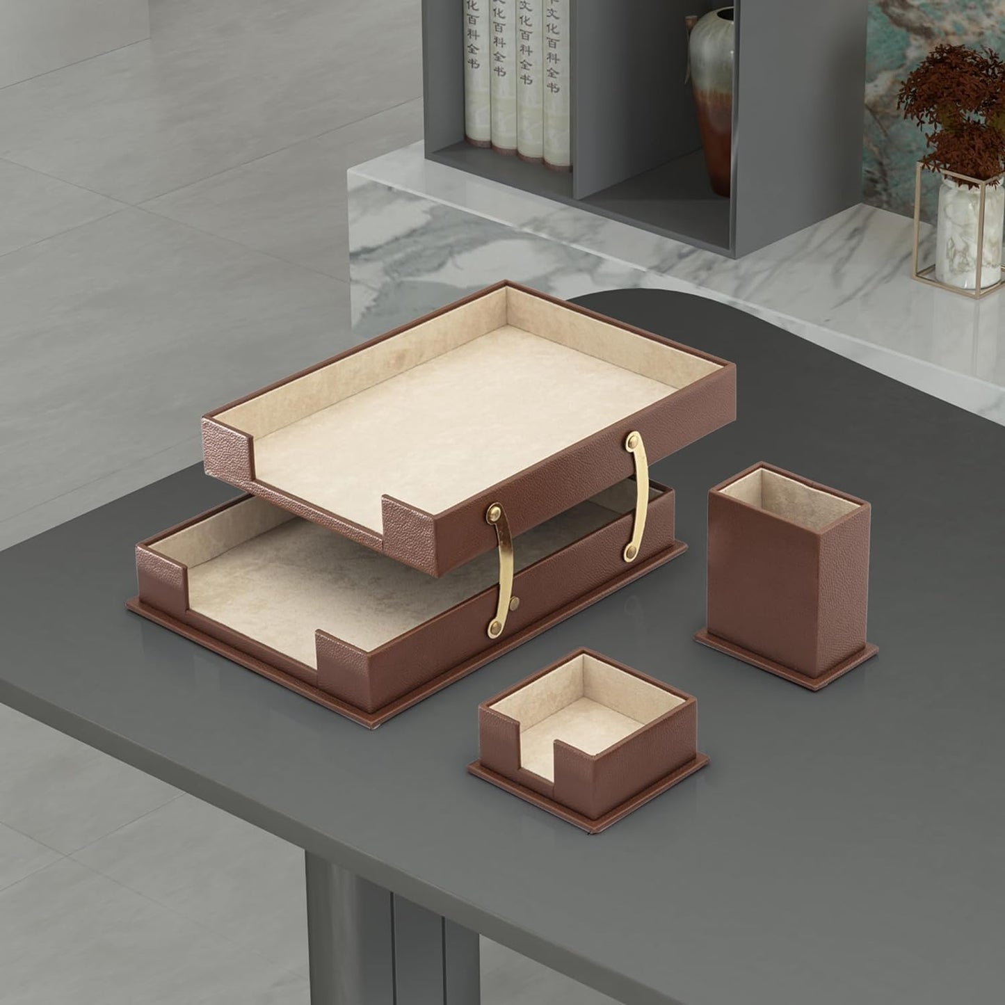 MOOGCO Bonded Set Luxury Leather Desk Pad & Desk Organization Essentials Desk Organizer Leather Desk Organizer (Tan)