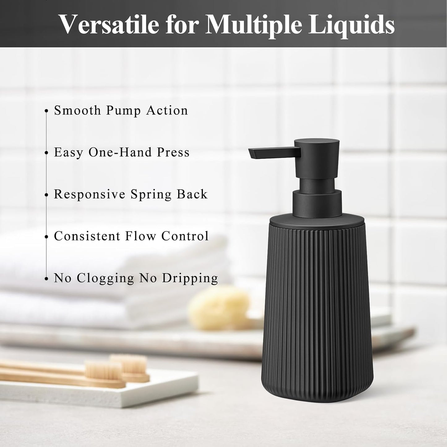 Black Hand Soap Dispenser with No Rust Pump for Bathroom and Kitchen Countertops Refillable Striped Matte Plastic 8.5 oz