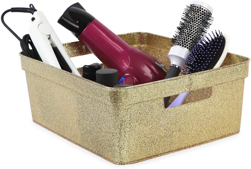 Isaac Jacobs Medium Glitter Storage Bin (14” x 11.5” x 5.5”) Set w/Cut-Out Handles, Plastic Organizer, Multi-Functional, Home Storage Solution, Kids Playroom, Bedroom, Closet (2, Gold)
