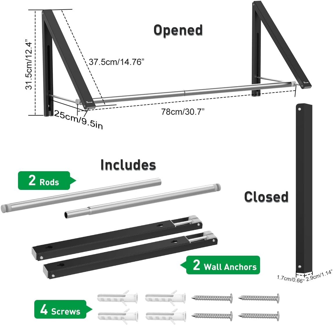 Retractable Clothes Rack - Wall Mounted Folding Clothes Hanger Drying Rack for Laundry Room Closet Storage Organization, Aluminum, 2 Racks with Rod (Black)