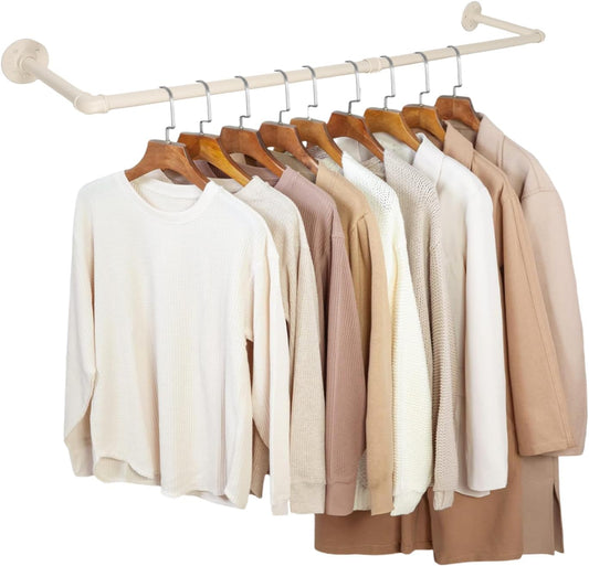 54" White Wall Mounted Clothes Rack, Industrial Pipe Iron Garment Bar, Heavy-Duty Detachable Clothing Rod, Multi-Purpose Metal Wall Display Hanging Pole for Closet Storage, Laundry Room 2 Base