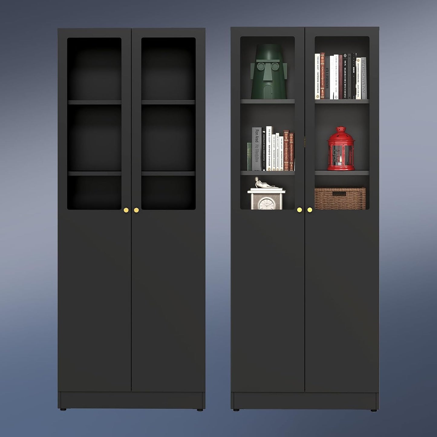 5 Tier Metal Curio Cabinets, Modern Bookshelf Cabinet with 4 Adjustable Shelves, Cabinet Display Case for Home Office, Living Room, Pantry (Black-27.5W-Metal Door)