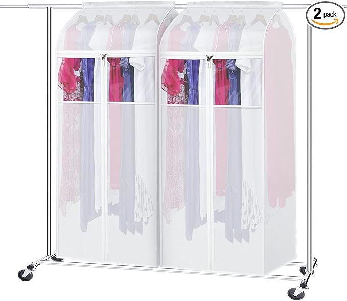 Zilink 60“ Hanging Garment Bags for Closet Storage Large Clear Window Hanging Clothes Storage Garment Rack Cover Dress Protector for Suit, Coat, Wardrobe, Bottom Enclosed, Set of 2