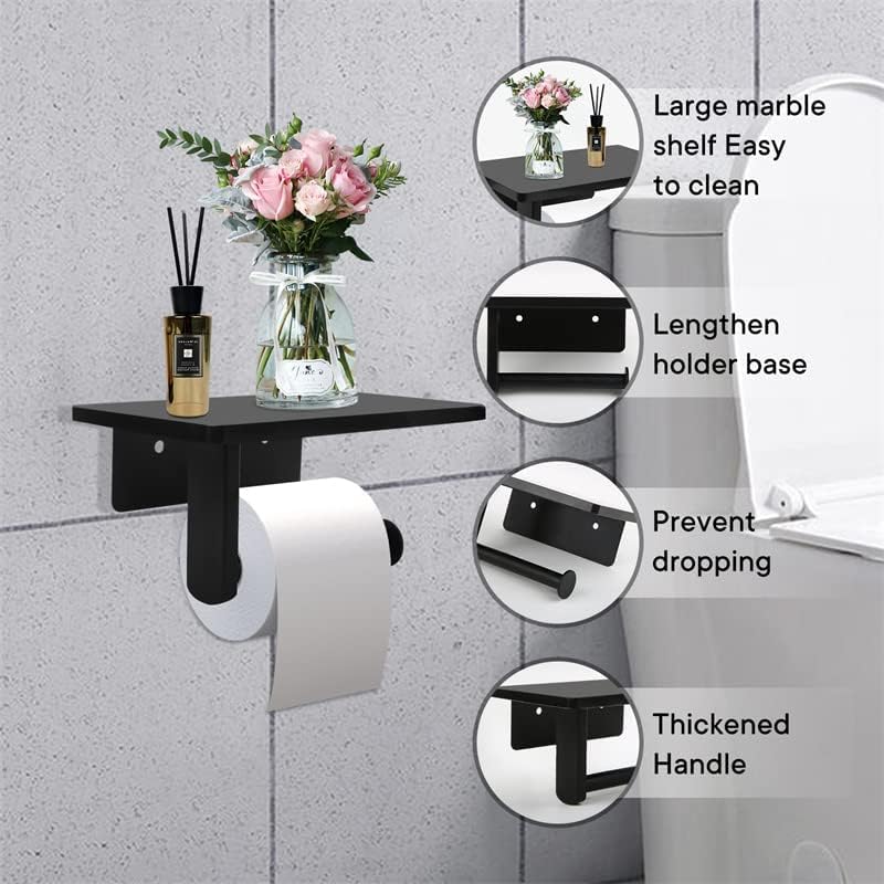 Toilet Paper Holder with Natural Marble Shelf for Bathroom Washroom,Wall Mounted Tissue Holder Suitable for Mega Roll (Middle 7.87 * 4.72 in, Black)
