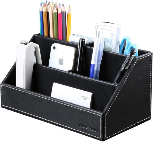 KINGFOM Pu Leather Desk Organizer with 5 Compartments Holder, Multi-Functional Office Supplies Storage Caddy for Pen/Pencil, Phones, Remote Controller and Desktop Accessorie Black