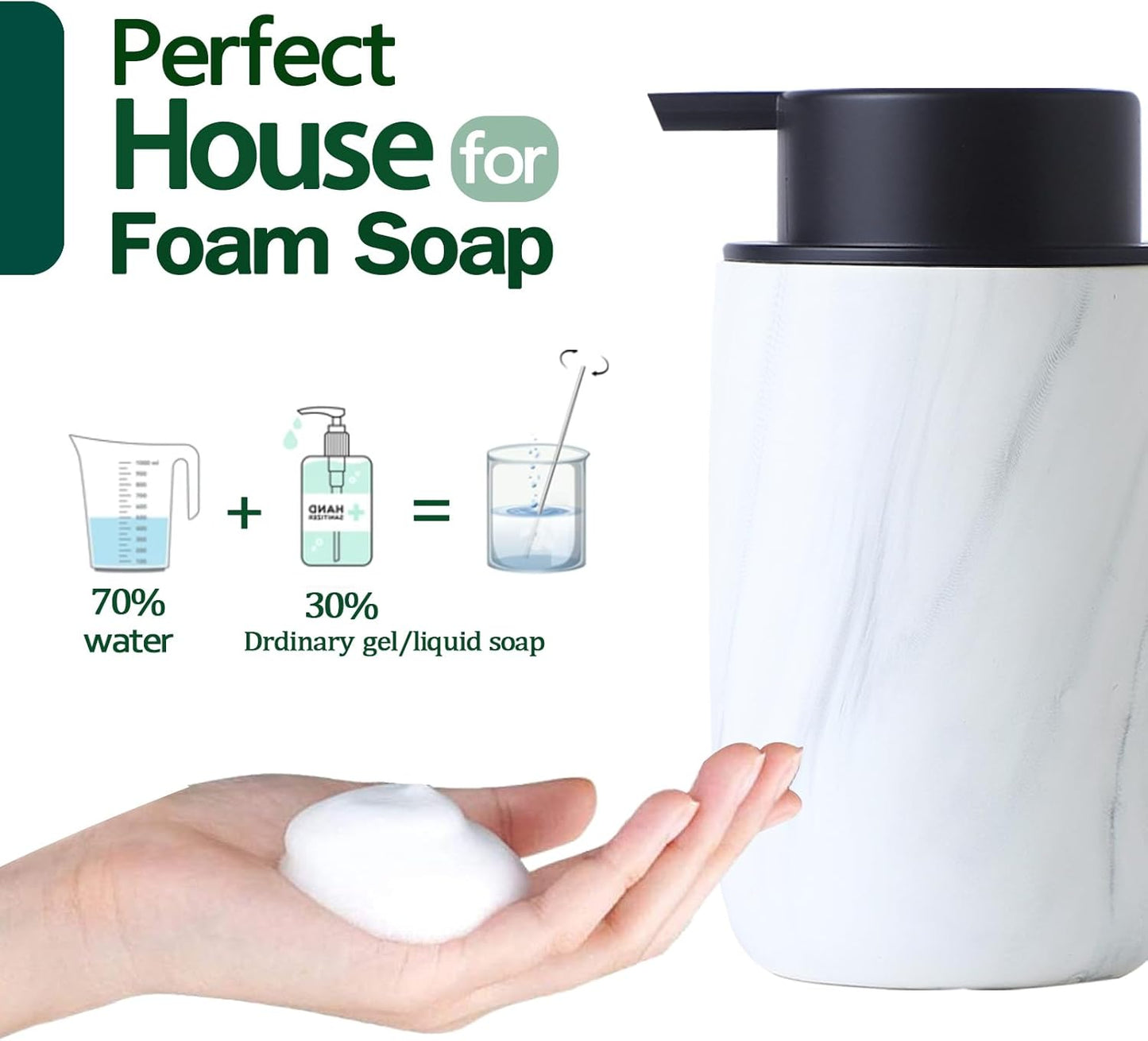 Marble Foaming Soap Dispenser Set - 2 Pack White Marble Ceramic Foam Dish Hand Soap Dispenser with Black Pump for Bathroom, Bathroom Dispenser Set for Modern Home Farmhouse Decor