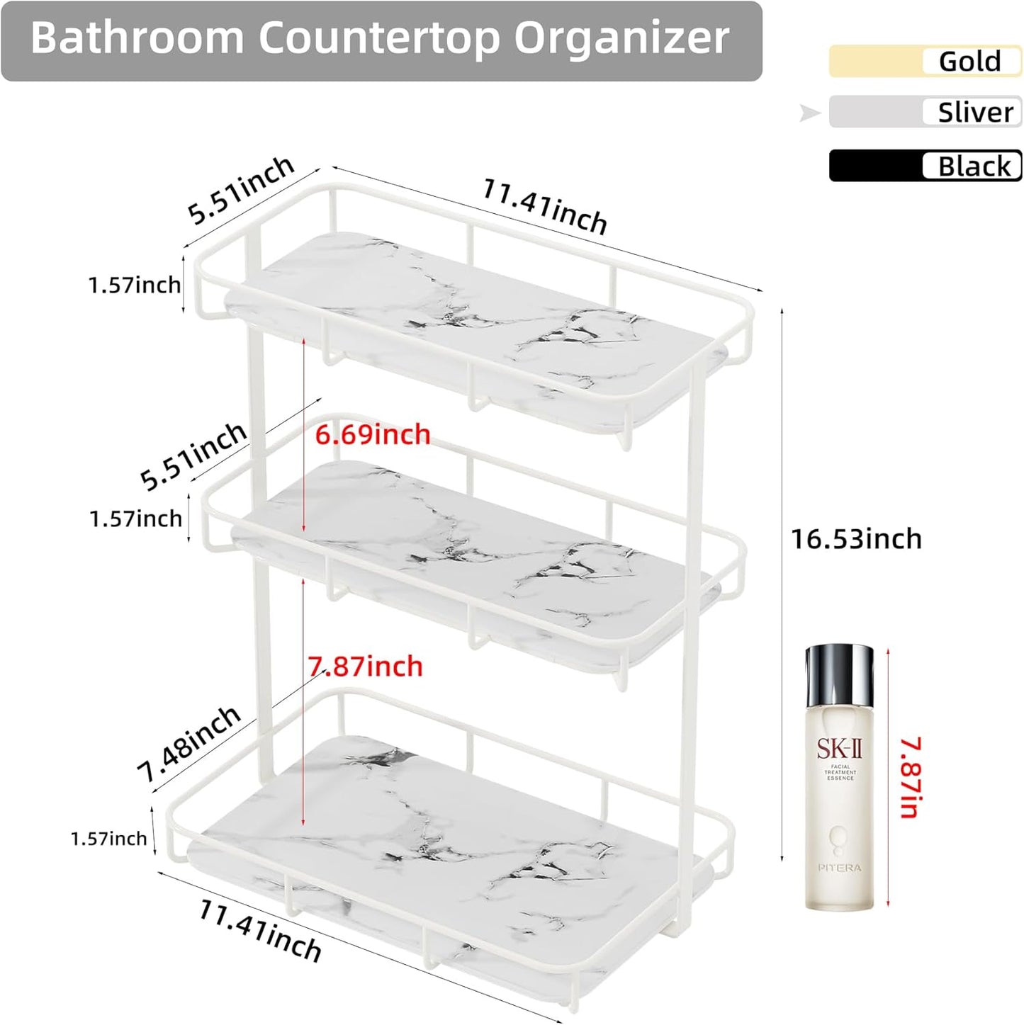 Bathroom Organizer Countertop Perfume Organizer Makeup Organizer Cosmetics Storage Display Rack Vanity Tray Dresser Stainless Steel Gold Shelf White Marble Ceramic Tray
