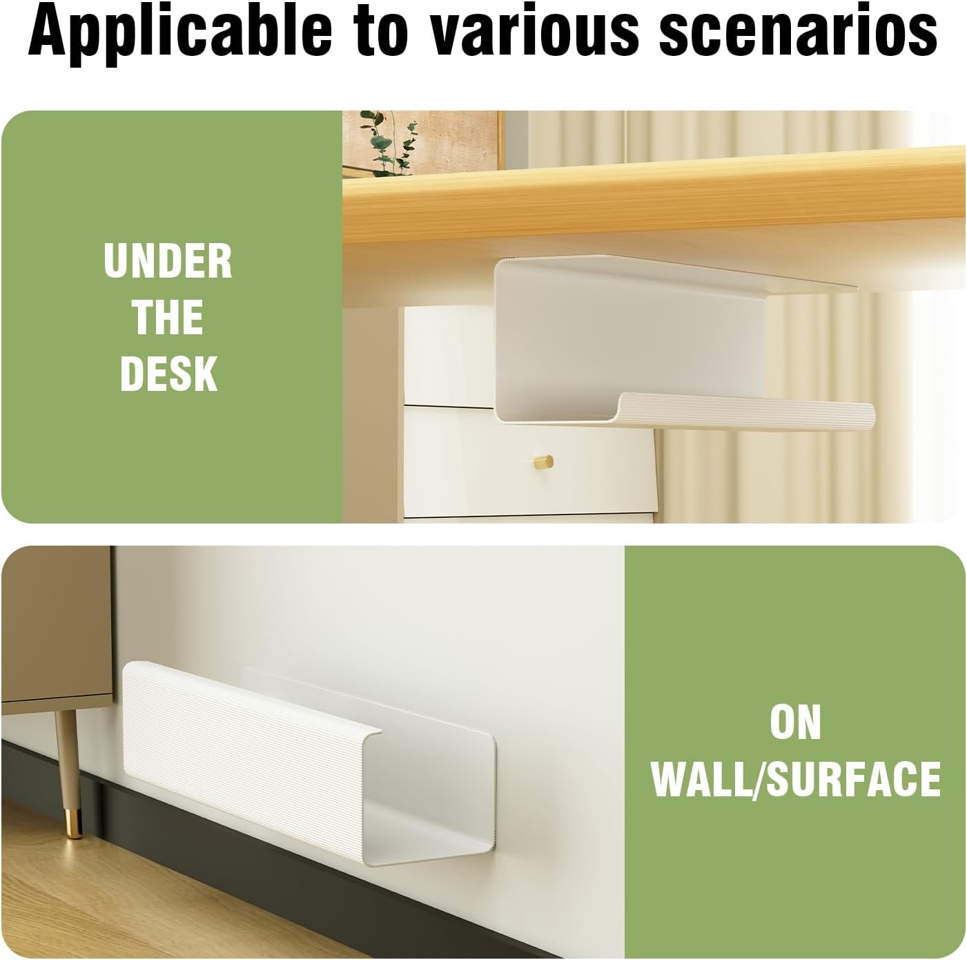 2 Pack No-Screw Cable Management Under Desk, Self-Adhesive Cord Organizer, Wire Management Tray for Office and Home (White)