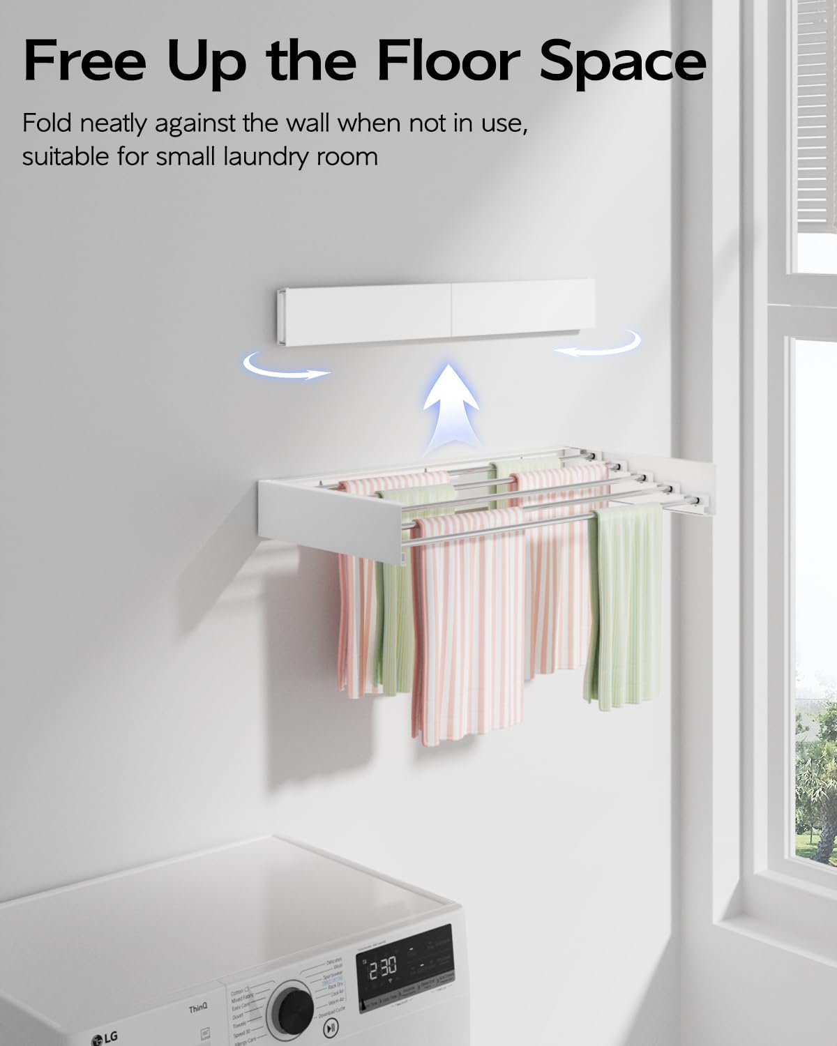 Wall Mounted Clothes Drying Rack 23.6", Foldable Wall Mount Laundry Rack Folding Indoor, Drying Rack Clothing Collapsible, Hidden Space Saver with Wall Template, 5 Rods, White