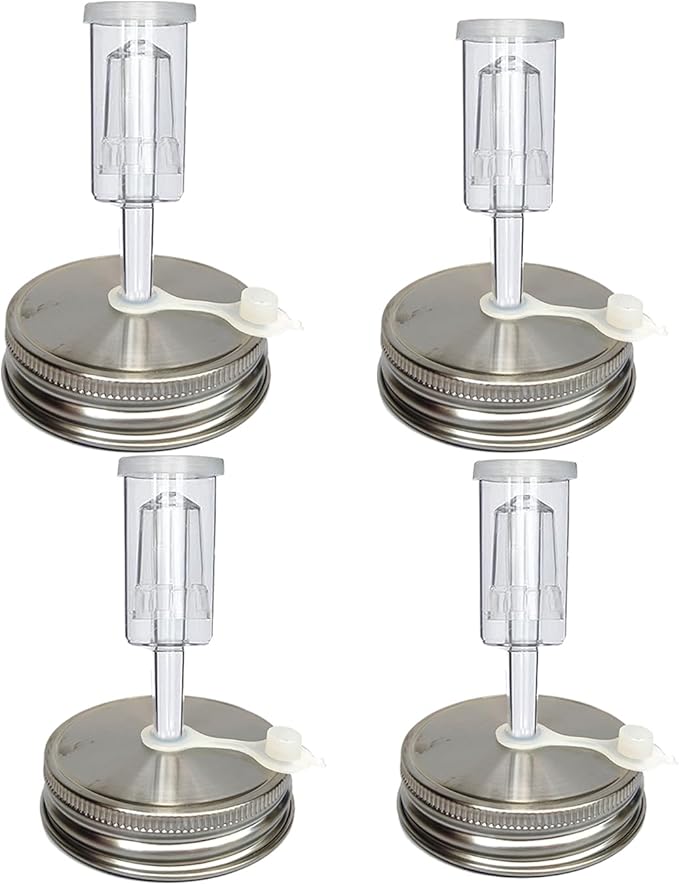 4 Set Fermentation Lids Kit for Wide Mouth Jars, 4 Stainless Steel Fermenting Lids with 4 Airlocks(Jars Not Included) (No Glass Weight)