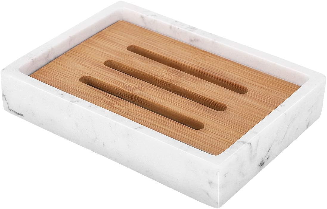 Luxspire Bamboo Soap Dish, Resin Soap Holder with Drainage, Wooden Soap Dish for Shower, Bathroom, Sink, Kitchen and Countertop, Gravel White