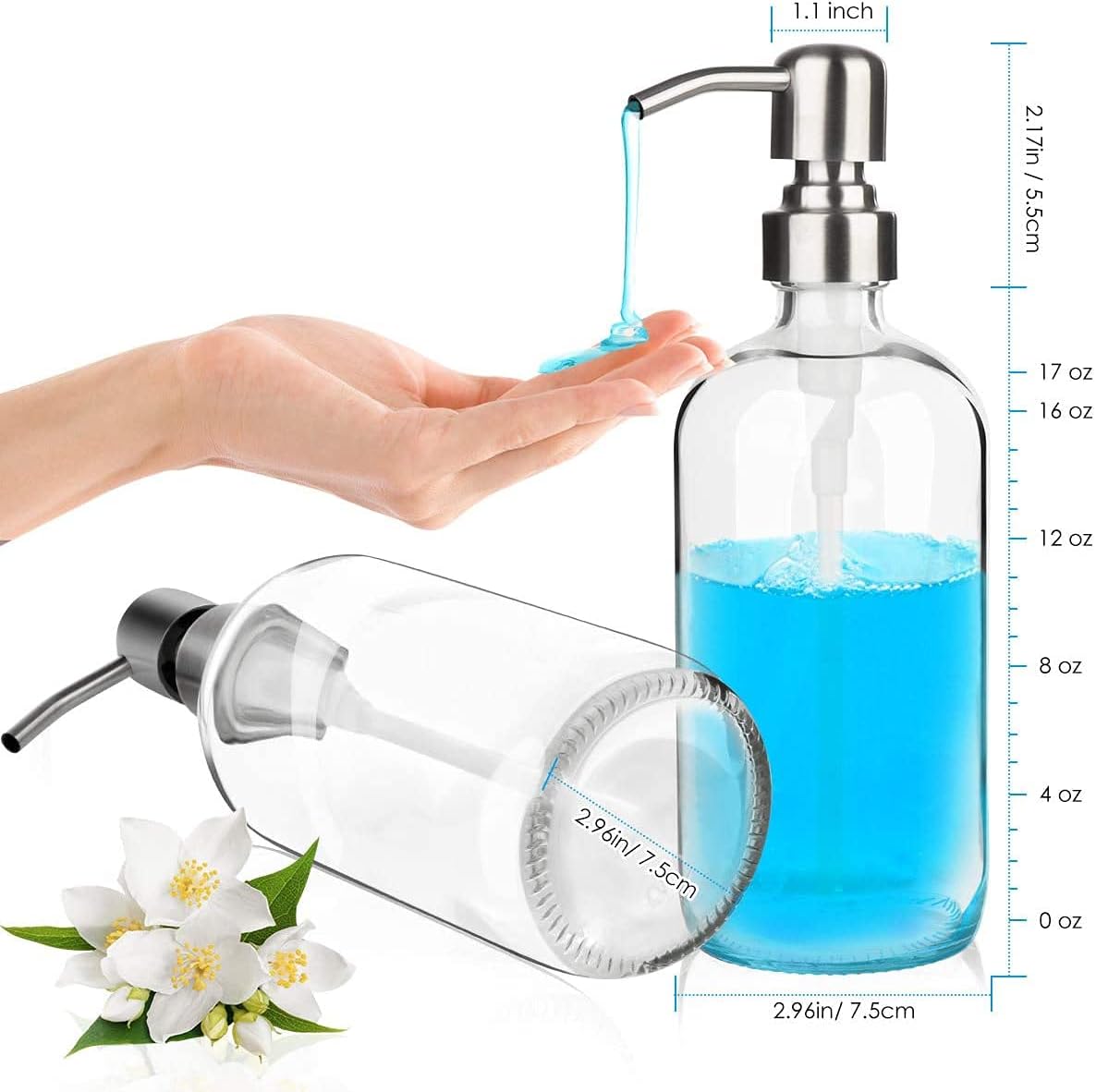 ARKTEK Refillable Soap Dispenser (2 Units) - 17 Oz Clear Glass Bottle with Rust Proof Pump for Hand and Dish Soap, Kitchen Bathroom Countertop