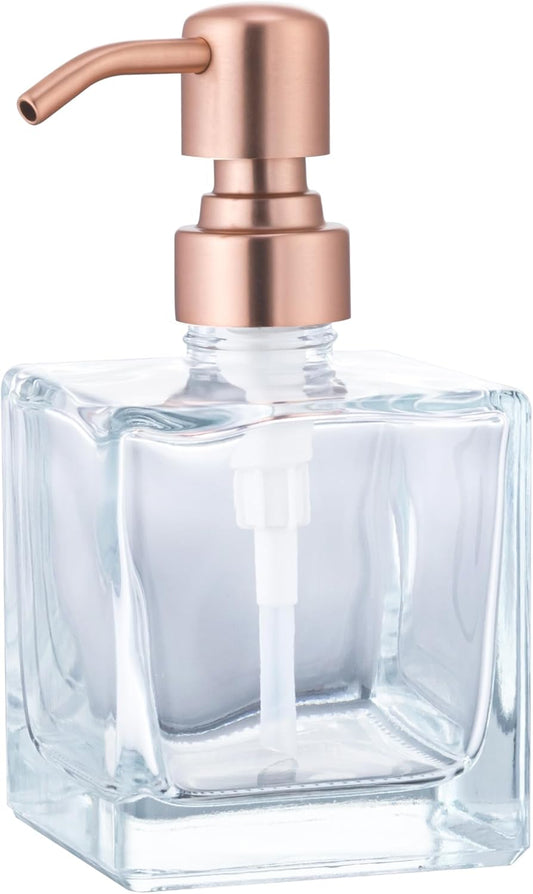 Ximlike Square Bathroom Soap Dispenser Rose Gold, 8.4 oz Glass Bottles with Stainless Steel Pump Red Copper Retangle Cube Liquid Soap Dispenser Hand Kitchen
