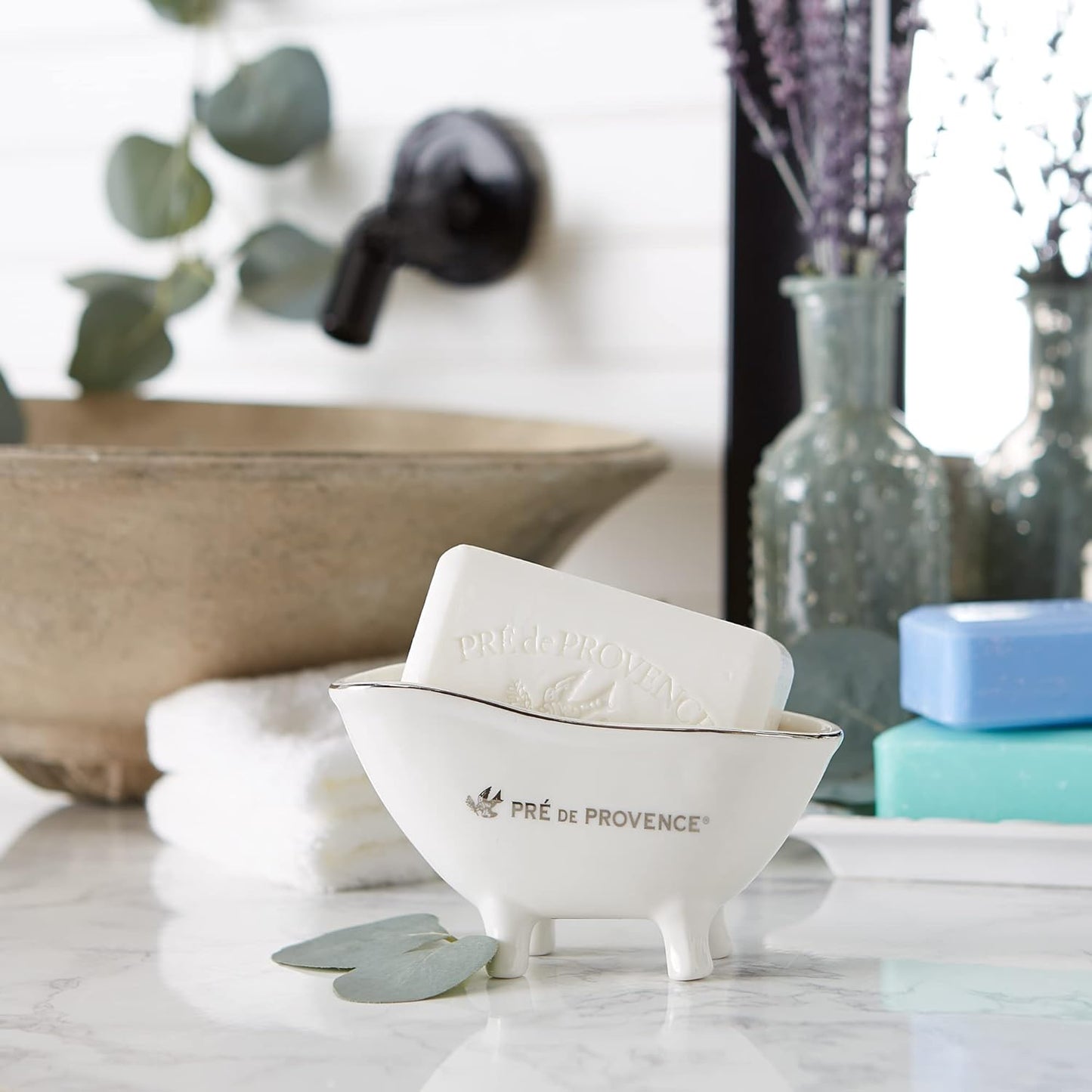 Pre de Provence Soap Dish Large Capacity for Kitchen or Bathroom, 5.75x2.6x3.5, Le Bain, White Ceramic