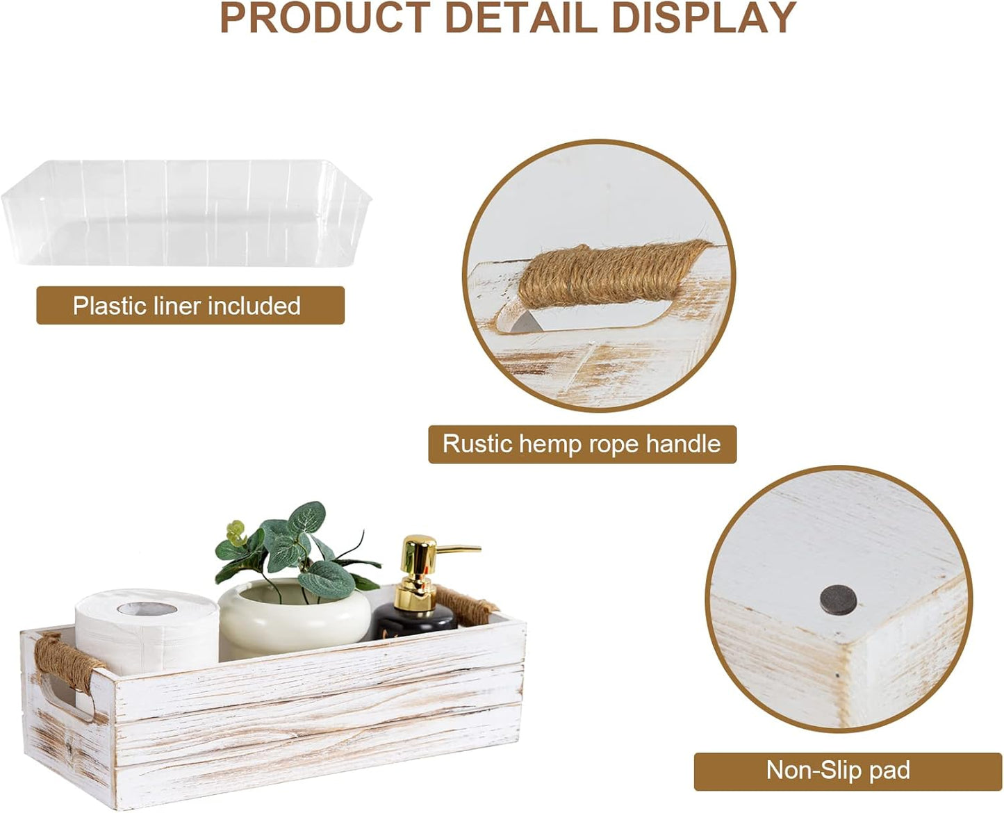 TIMRIS Rustic Wooden Toilet Paper Holder, Farmhouse Bathroom Decor, Toilet Tank Basket, Decorative Storage Container (Whitewash)