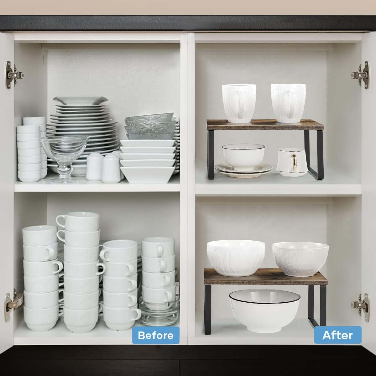 NEX Kitchen Cabinet and Counter Shelf Organizer, Shelf Riser for Pantry Countertop Cupboard Desk Top, Stackable & Expandable, Set of 4, Black and Rustic Brown