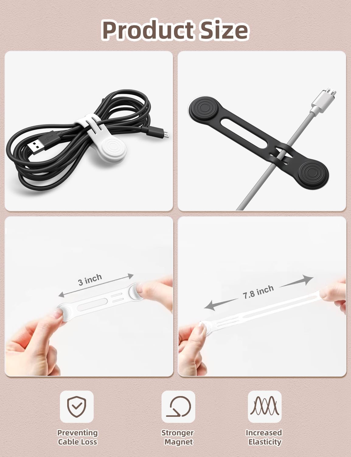 Kanemc 8-Pack Magnetic Cable Ties, Magnet Cord Wraps Reusable Silicone Cable Organizer Twist Zip Ties For USB Earphone Computer Smartphone Charging Cords (4Colors)