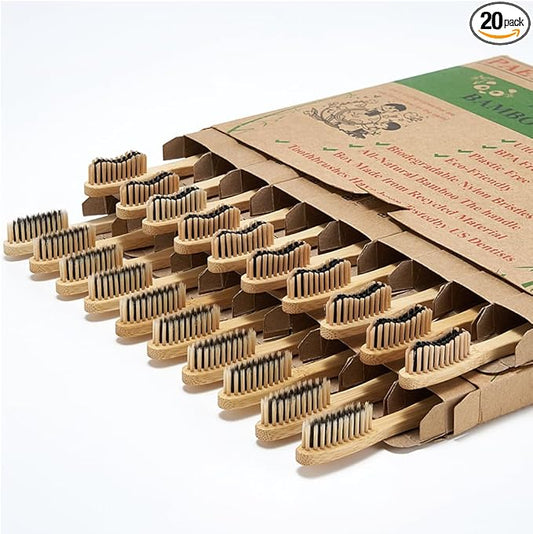 20 Count Bamboo Toothbrushes (Soft+Medium), Natural Wood Toothbrush Bulk, Eco-Friendly, BPA Free, Biodegradable & Compostable Charcoal Wooden - Reusable Travel Toothbrushes