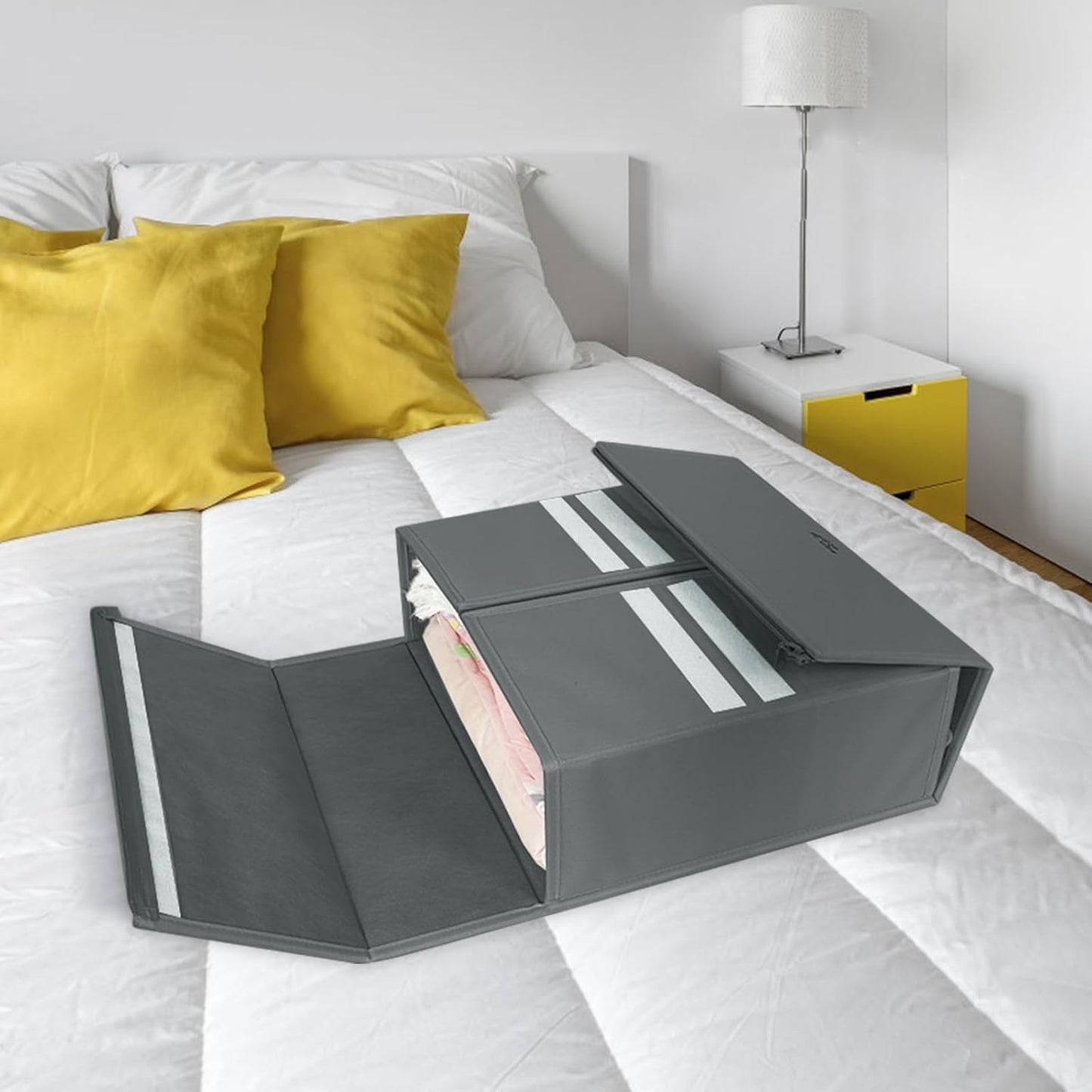 4C'Son Foldable DOUBLE ZIPPERS Bed Sheet Organizer, Fabric Storage Bins for Bed Sheets, Linen Bedding Organizer for Closet with Window and EXTRA STURDY handle (4 PACK - GRAY)