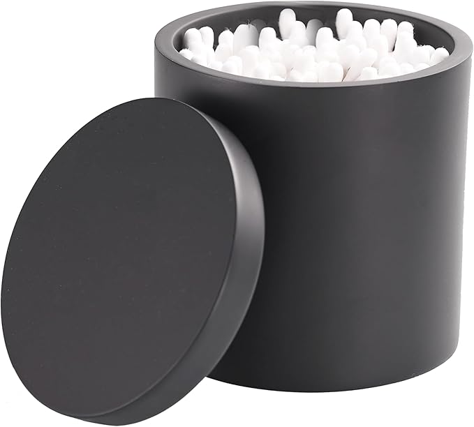 Cotton Swab Holder, Qtip Holder Dispenser with Lid, Resin Bathroom Containers,Vanity Storage Jars Organizer for Cotton Ball, Floss, Bath Salts, Bathroom Accessories, Matte Black