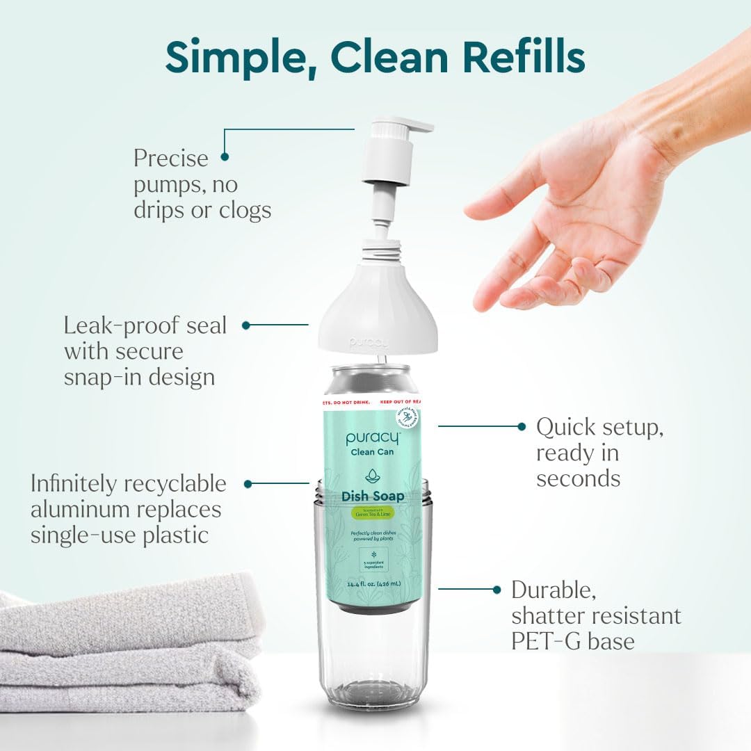 Puracy Natural Dish Soap Clean Can Starter Set - Plant-Based Dishwashing Soap, Non-Toxic Dish Soap, Natural Liquid Dishwashing Detergent Soap As Seen on TikTok (Green Tea & Lime, 14.4 fl oz)