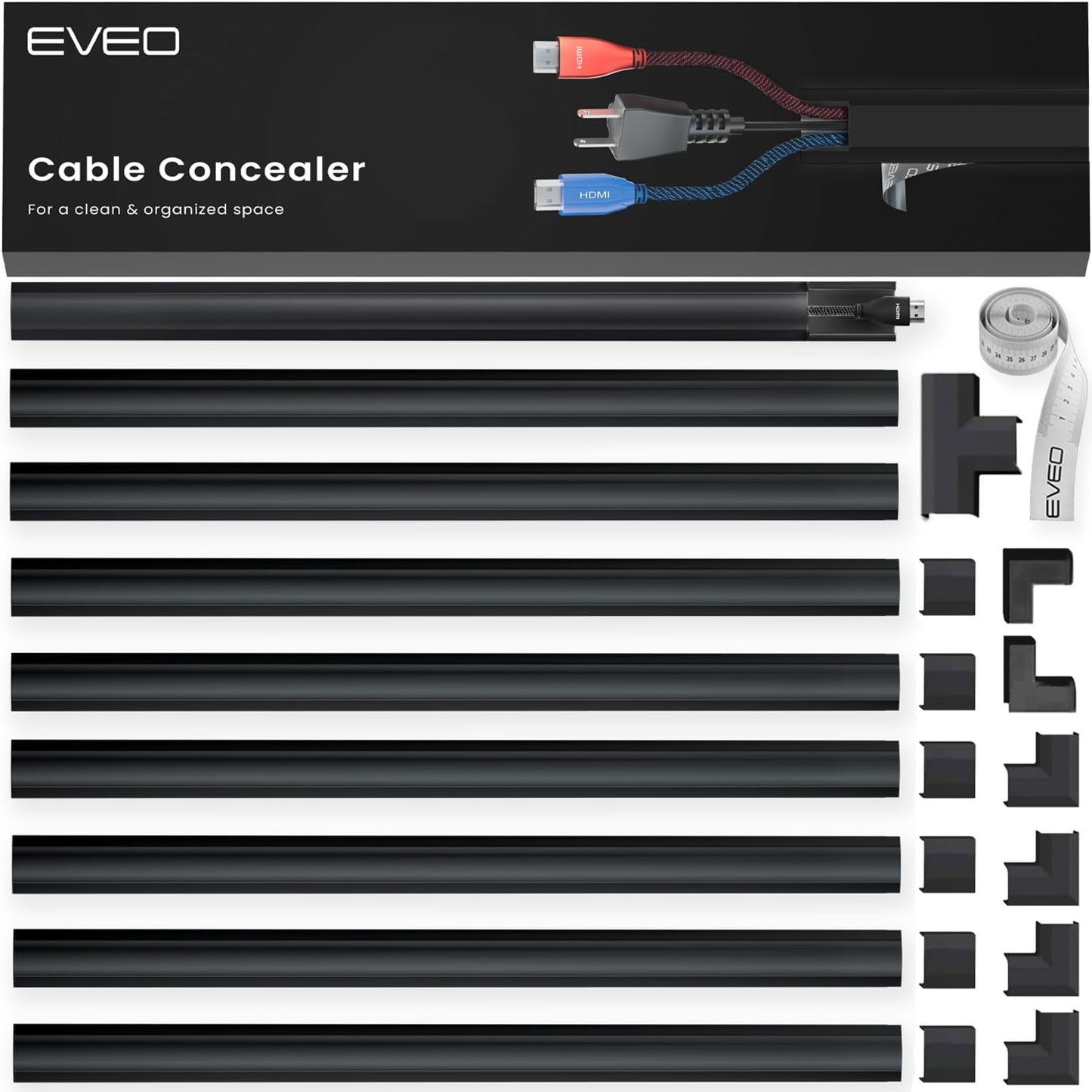 Cord Hider 153in - Cord Covers for Wires - Paintable Cable Hider - Cable Management - Wire Hiders for TV On Wall - Cable Management Cord Hider Wall - Cable Raceway - 9X (L17 x W0.95 x H0.5) - Black