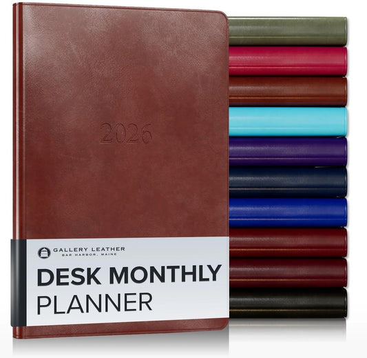 Gallery Leather Desk Monthly Planner 2025-2026, Elegantly Bound Calendar Planner and Notebook with Stylish Gold-Gilded Page Edges, 18 Months - Acadia Tan - 8x5.5”