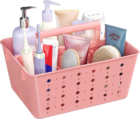 Lifewit Portable Shower Caddy with Handle, 1 Pcs Plastic Shower Caddy Dorm with Holes, Clean Organizer Basket for Bathroom, College, Dorm Room Essentials, Pink