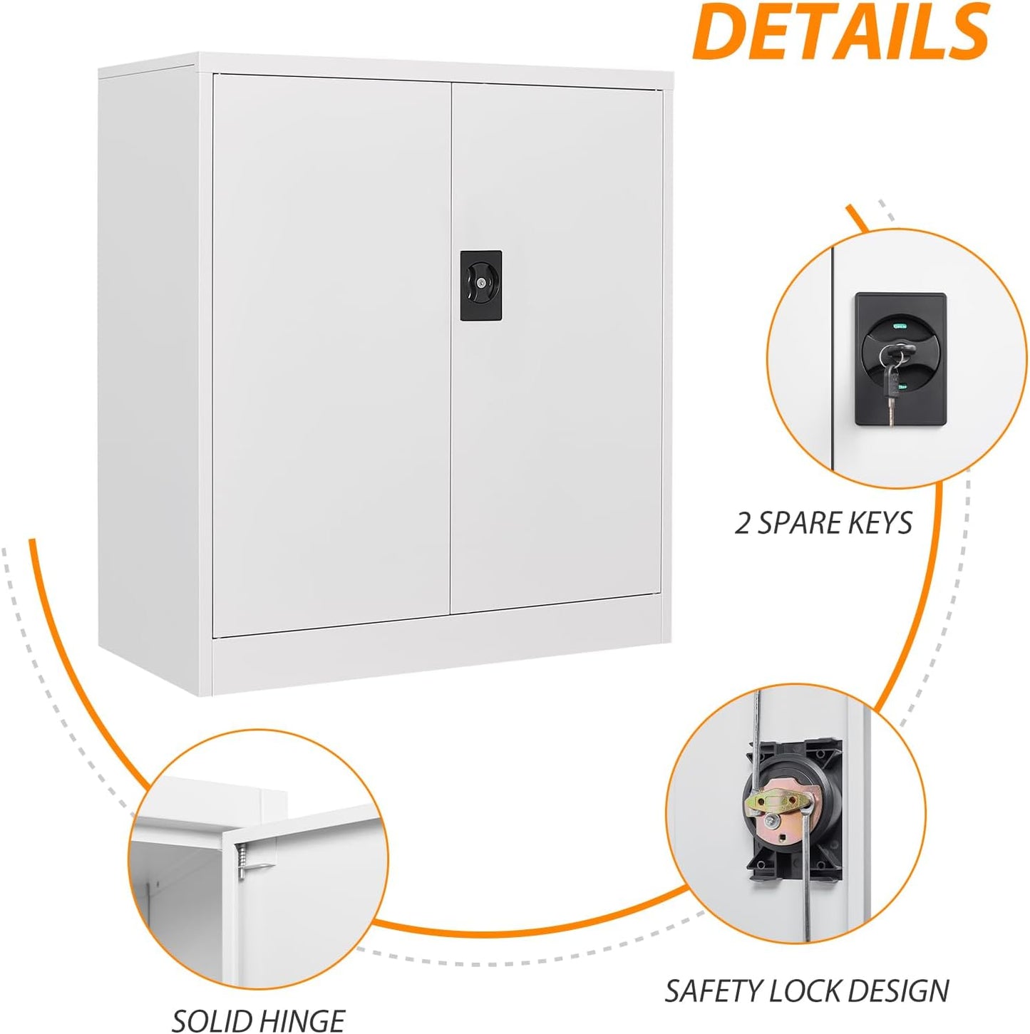 Metal Storage Cabinet, Lockable 2-Door 3-Shelf Cabinet, White, 31.5"W x 15.8"D x 35.5"H, Office, Garage, Home