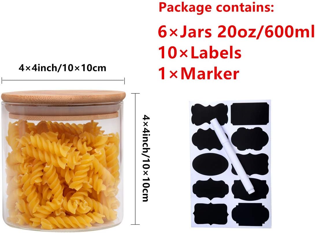 SODSAI 6 Piece Glass Storage Jars Set with Airtight Bamboo Lids and Labels, 20oz/600ml Glass Spice Jars Food Storage Containers for Home Kitchen,Pantry, Tea, Sugar, Salt, Coffee, Flour, Herbs, Grains