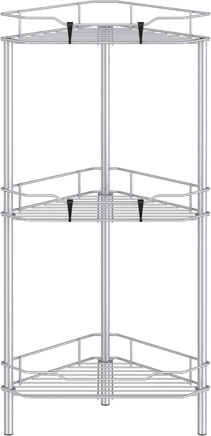 3 Tier Floor Standing Corner Shower Caddy Organizer Shelf with Hooks, Bathroom Shelves Stand Rack, Silver