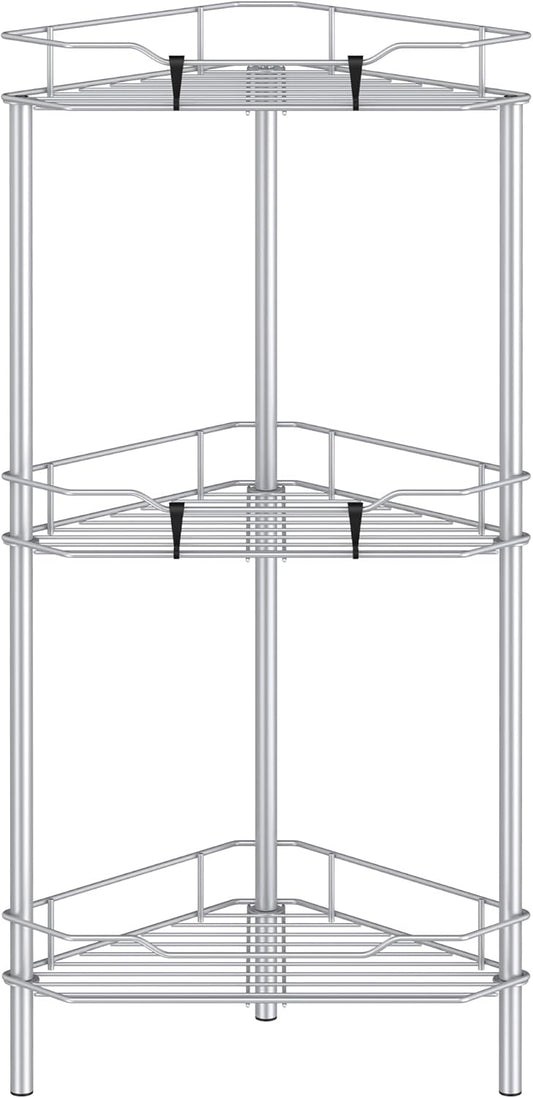 3 Tier Floor Standing Corner Shower Caddy Organizer Shelf with Hooks, Bathroom Shelves Stand Rack, Silver