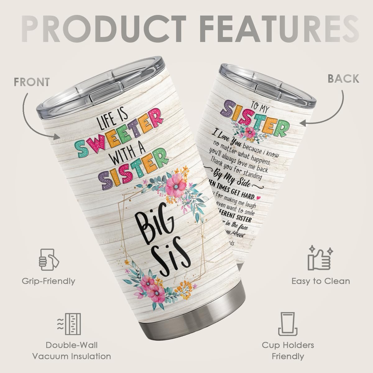 SANDJEST Sister Gifts - Sister Stainless Steel 20oz Tumbler, Insulated Travel Mug, Gifts for Birthday, Christmas, Women, Girls, Best Friends