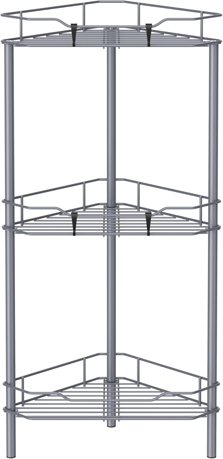 3 Tier Floor Standing Corner Shower Caddy Organizer Shelf with Hooks, Bathroom Shelves Stand Rack, Dark Gray