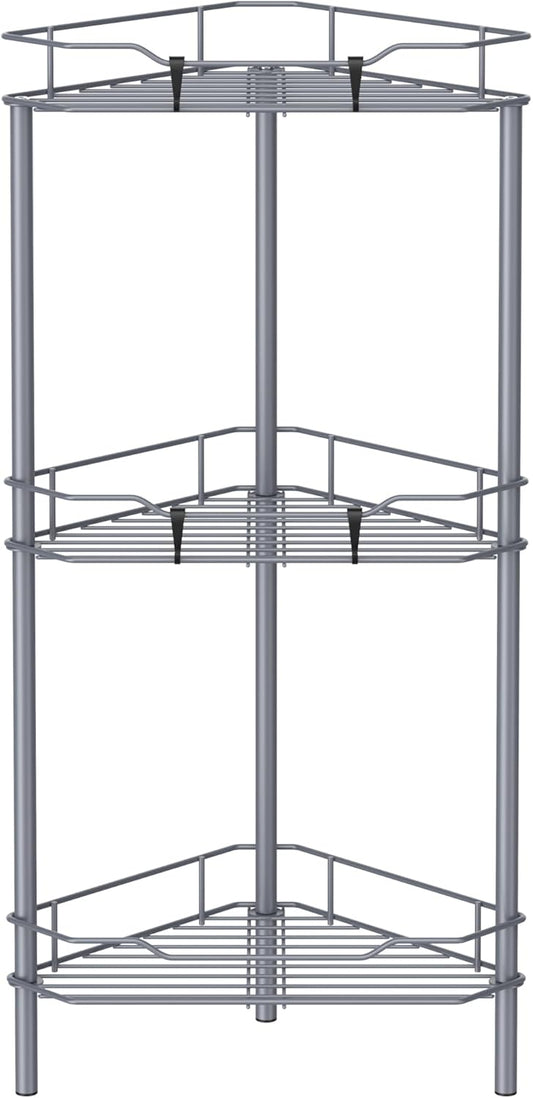 3 Tier Floor Standing Corner Shower Caddy Organizer Shelf with Hooks, Bathroom Shelves Stand Rack, Dark Gray