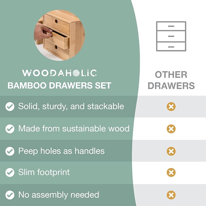 Set of 3 Bamboo Organizer Desktop Drawers - 1, 2, 3 Drawer Storage Organizer Ideal for Desk Accessories, Office Supplies, Makeup Storage & More - Tabletop Wood Box Stackable Drawers