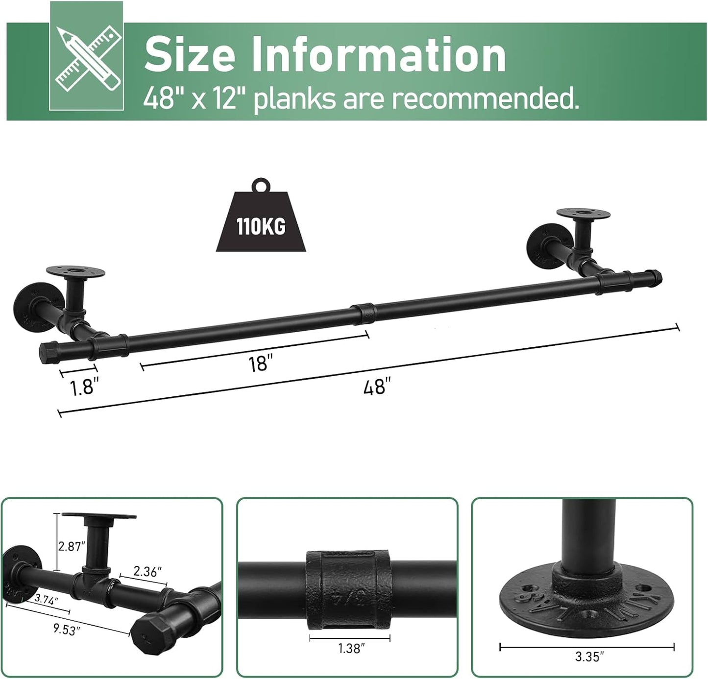 48'' Wall Mounted Clothes Rack Iron Industrial Pipe Clothes Rod with Top Shelf Pipe Rack (Wood Plank Not Included)