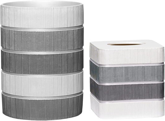 Zahari Home 2pc Modern Line Stylish Bath Accessories Set Waste Basket & Square Tissue Box Cover Classic Contemporary Decorative Beautiful Designs Gray Bathroom Decor Set for Home Modern Bath Set