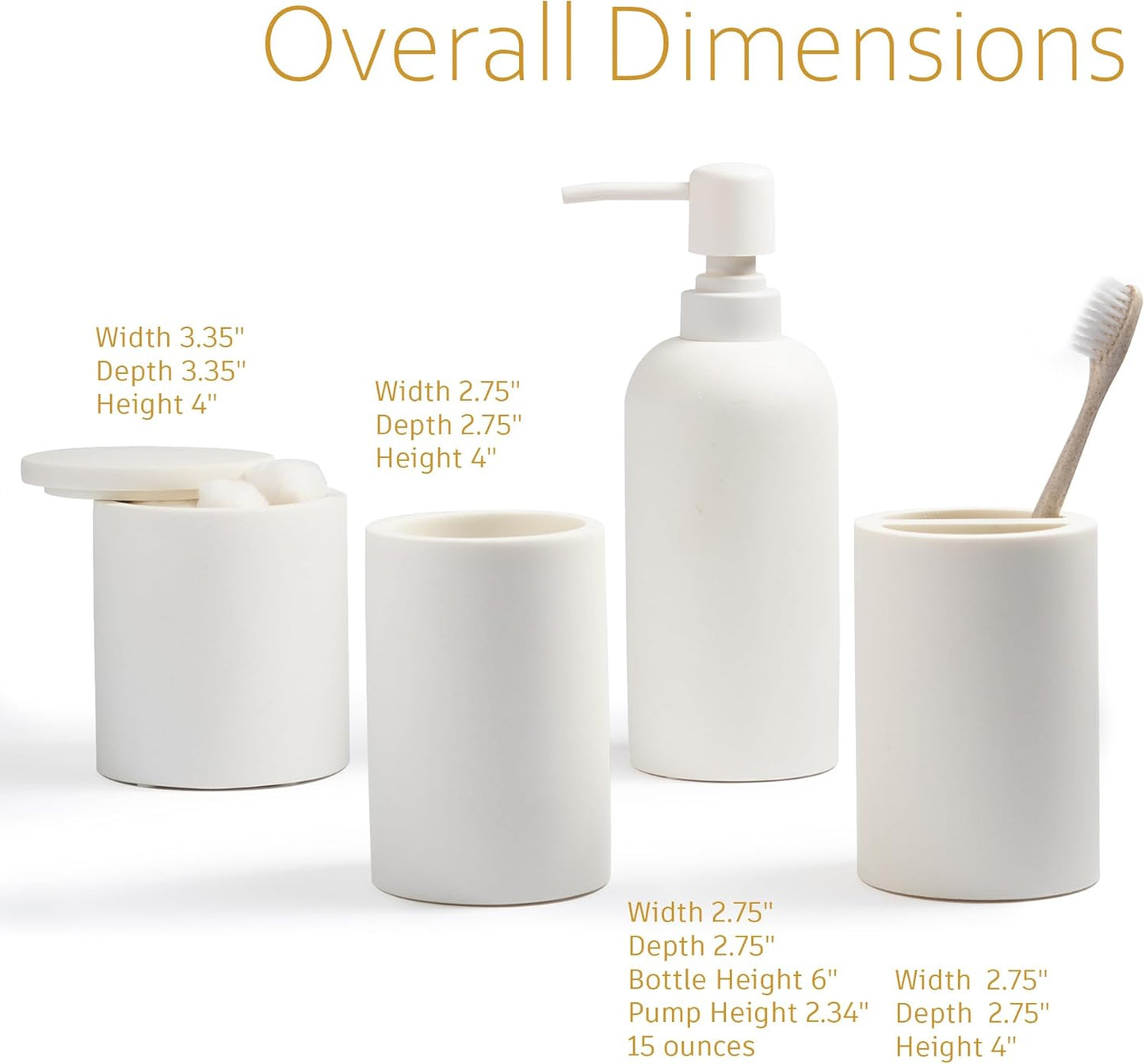 Matte White Bathroom Accessories Set – 4-Piece Resin Countertop Organizer with Soap Dispenser, Tumbler, Toothbrush Holder & Cotton Swab Jar – Modern Minimalist Vanity Kit