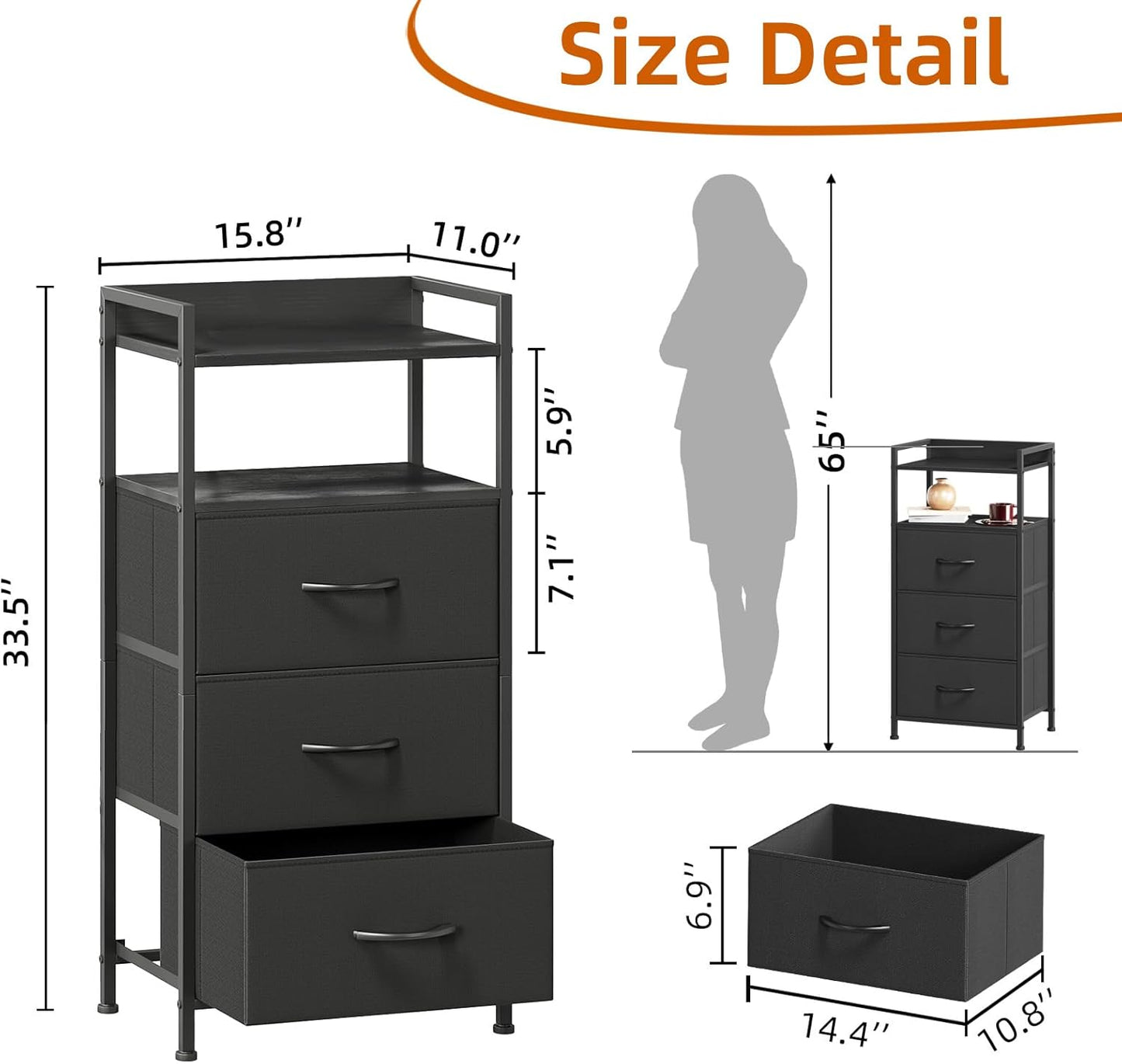 Somdot Nightstand with 3 Drawers, Dresser with Fabric Bins for Bedroom, Hallway, Entryway, Nightstand Bedside Table Furniture, Sturdy Steel Frame, Wooden Top, Easy Pull Fabric Bins, Black