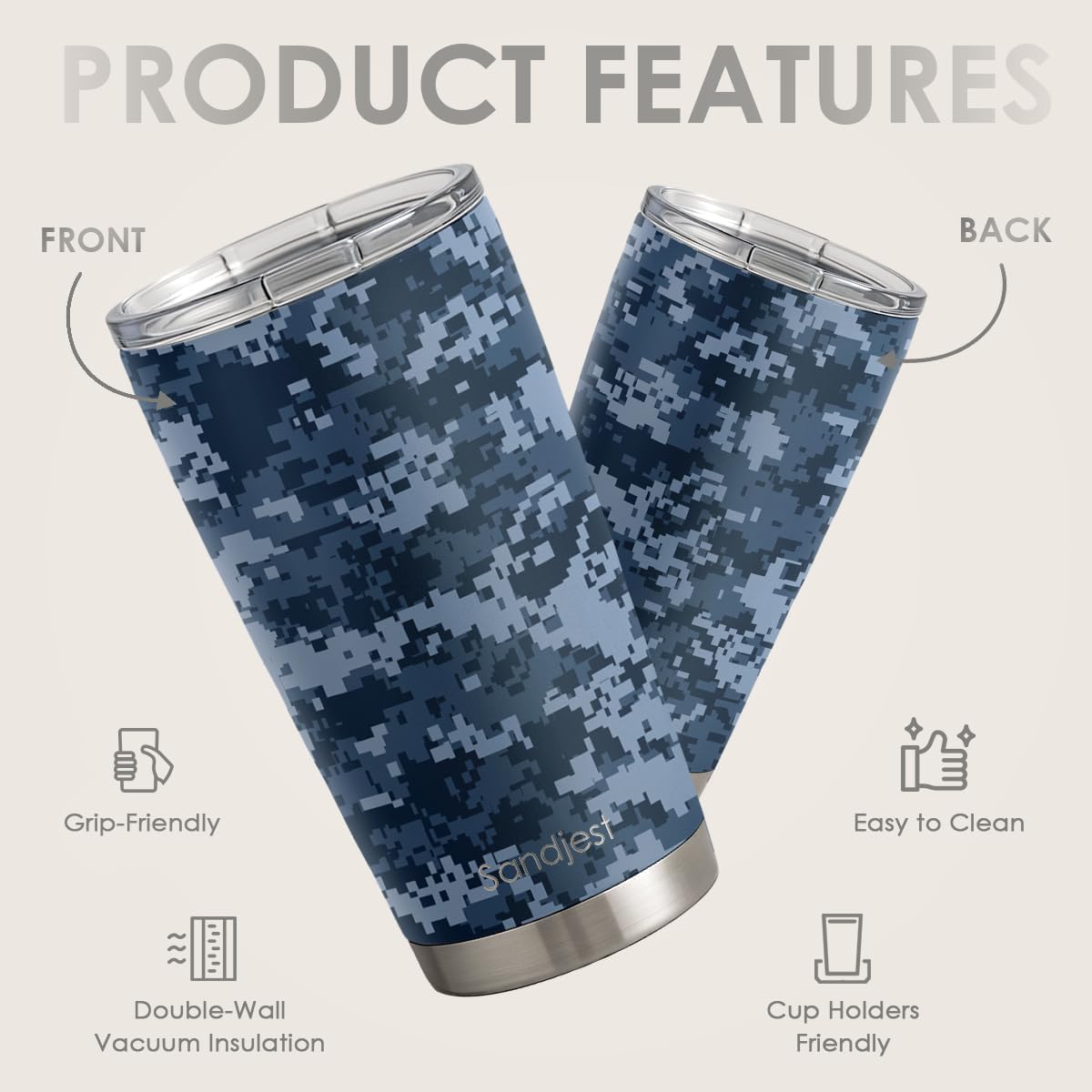 SANDJEST Camo Tumbler 20oz Stainless Steel Insulated, Camouflage Travel Coffee Cup, Gifts for Men Women, Hunting Lovers, Birthday Christmas