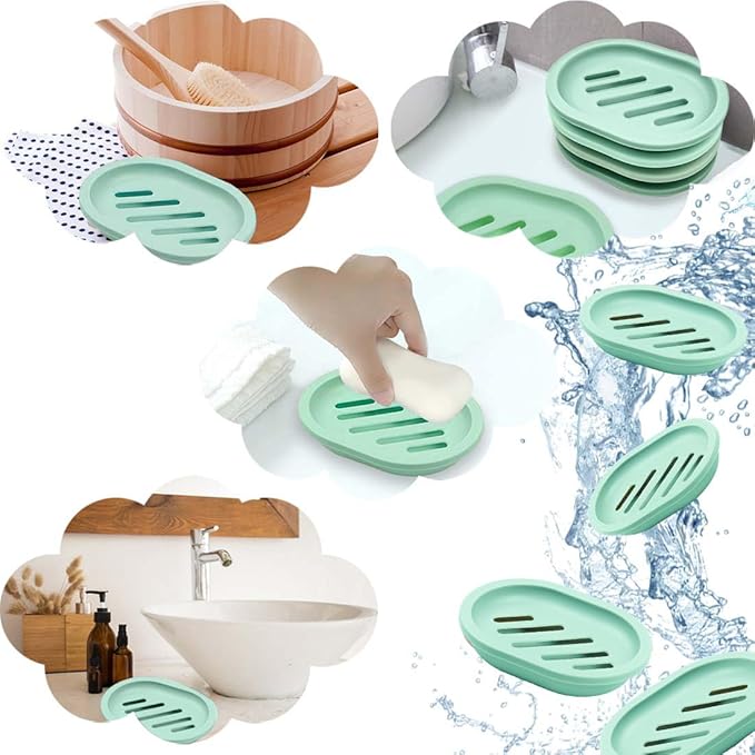 4Pcs Double-Layer Bar Soap Holder for Shower Soap Dish with Drain Soap Saver Box Container Plastic Soap Dish for Bathroom Counter,Kitchen,Toilet (Green)