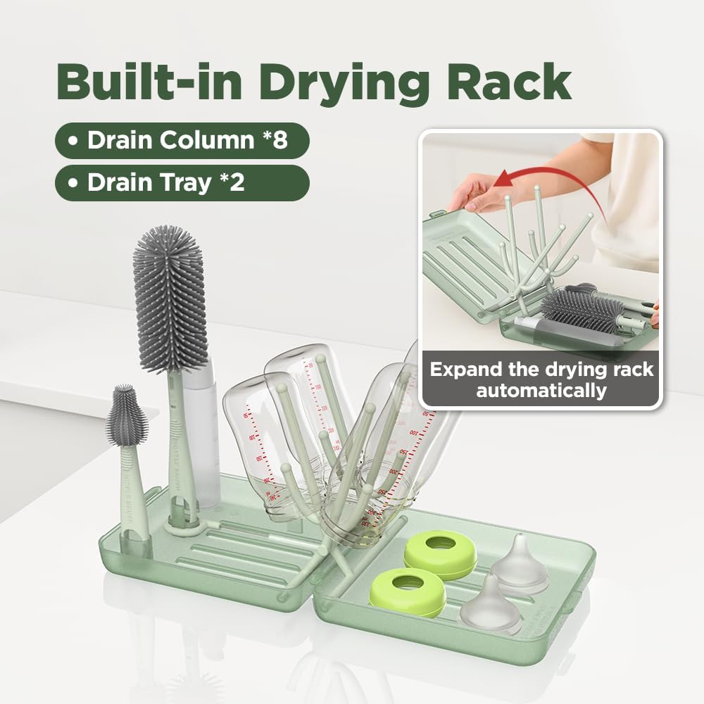 Travel Bottle Brush, Travel Bottle Cleaner Kit with Bottle Drying Rack, Transparent Green