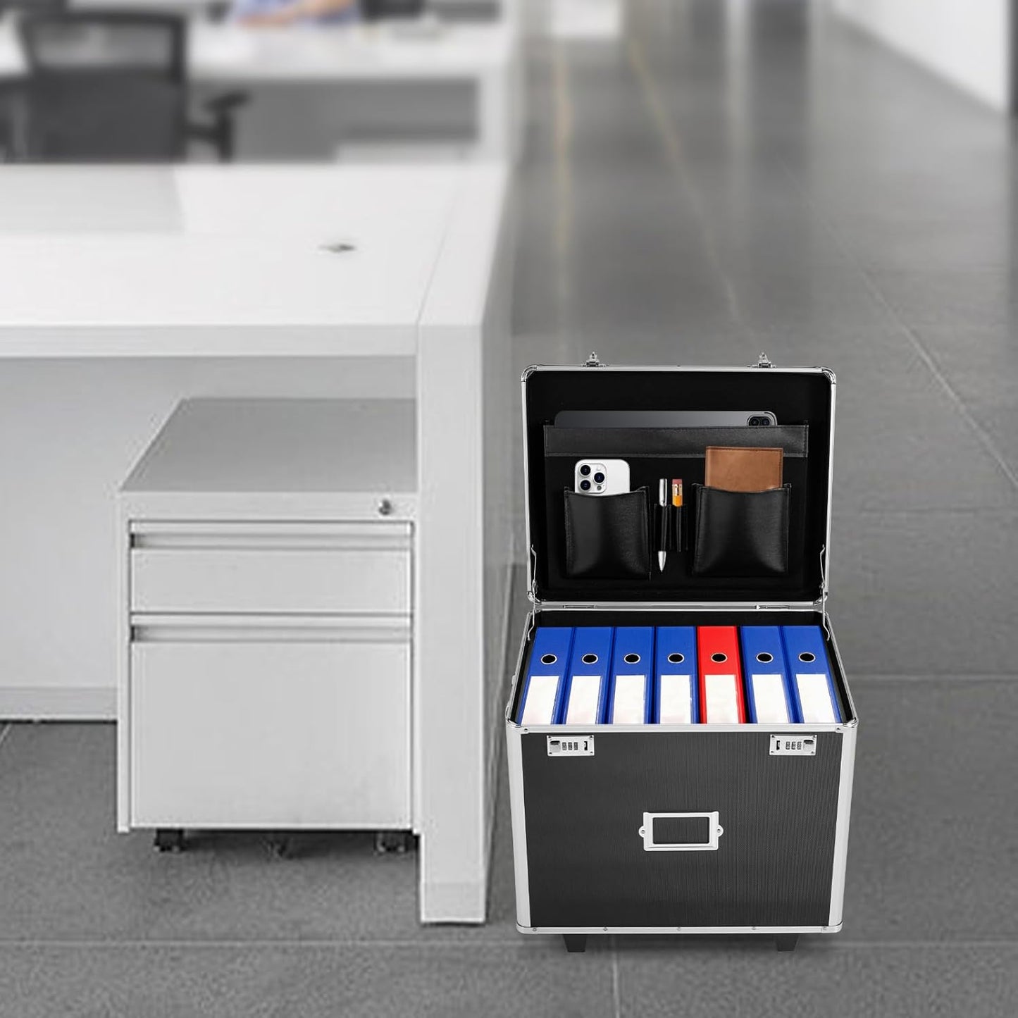 Portable Locking File Storage Box, Aluminum Alloy File Lock Box with Telescopic Handle, Mobile Busniness Case, File Cabinet for Office Home,Offices, Hospitals, Banks, 19.2x 15x 16 inches, Black