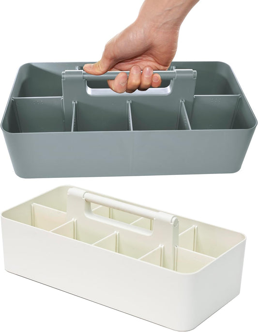 Portable Caddy Organizer -2 Stackable Plastic Caddy with Handle | Desk, Makeup, Dorm Caddy, Classroom Art Organizers (Made In Usa) (Ivory/Orion Gray)