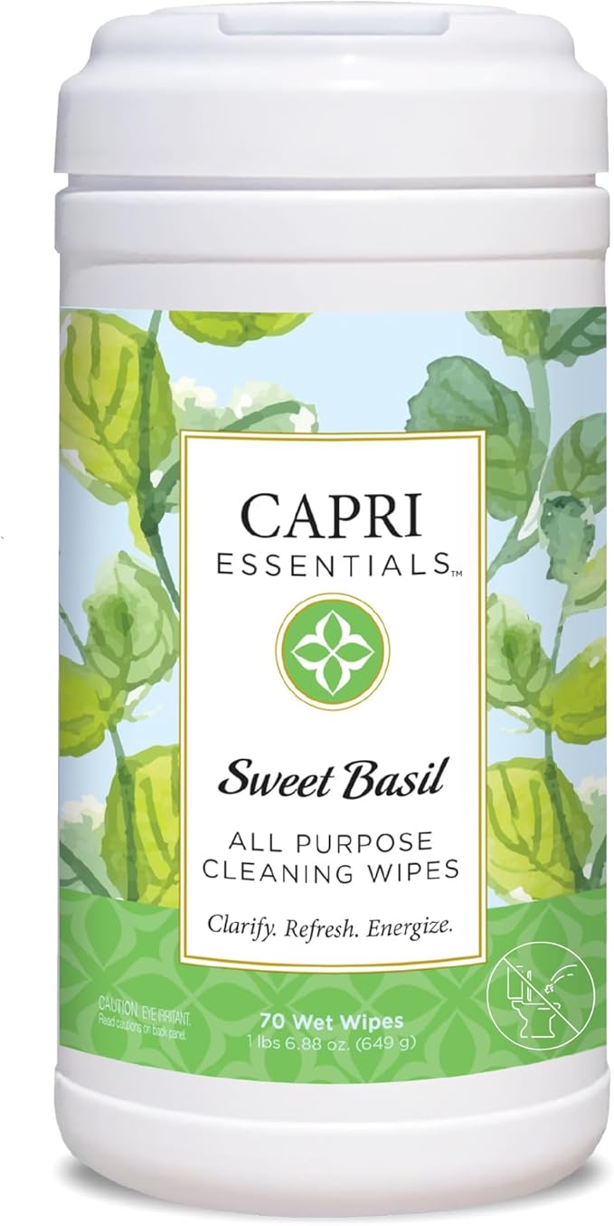 Capri Essentials All Purpose Cleaning Wipes, Natural Household Cleaning Supplies, Bathroom and Kitchen Cleaner with Essential Oils, Almond Oil, Eucalyptus & Peppermint, Sweet Basil Scent, 70 Wet Wipes